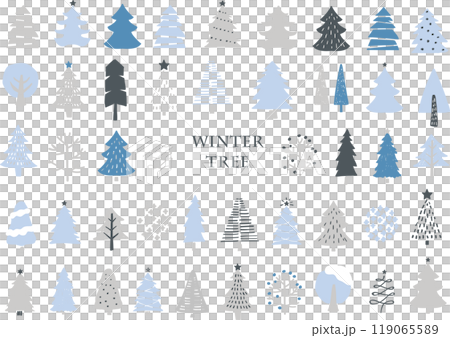 Snow covered Christmas trees set 119065589