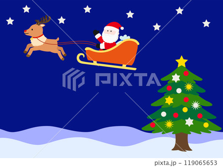 トナカイさんが引くソリに乗ったサンタさん サンタクロースが乗ったソリを引くトナカイのクリスマスイラスト