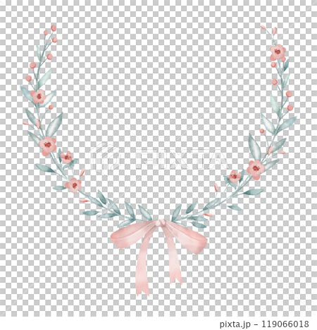 Floral Wreath with pastel pink Flowers and green blue leaves for greeting cards or invitations. Watercolor illustration for postcards template. Drawing of circular Frame with ribbon and bow. 119066018
