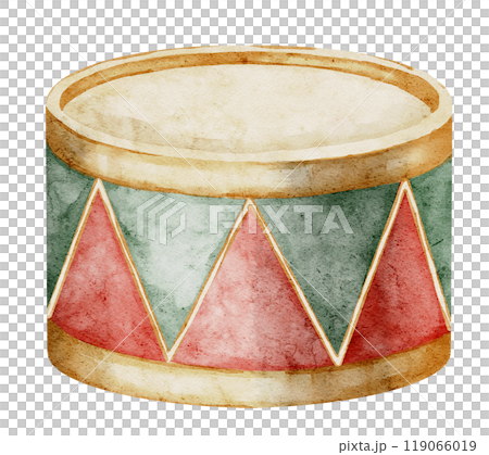 Watercolor illustration of a classic Drum on isolated background for Music themed designs. Drawing of retro Baby Toy. Vintage musical instrument for greeting cards or invitations. Watercolor illustration of a classic Drum on isolated background for Music themed designs. Drawing of retro Baby Toy. Vintage musical instrument for greeting cards or invitations. 119066019