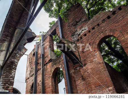The remnants of a historical brick structure, entwined with lush greenery. 119066281