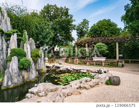 Garden landscape featuring a pond, lush greenery, and carefully arranged rock formations. 119066375