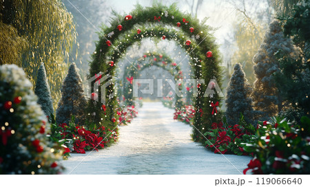 クリスマス仕様に装飾されたアーチが続く小道の背景素材 119066640