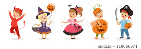 Cute Children in Halloween Costume Celebrate Holiday Vector Set 119066971