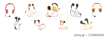 Earphones and Headphones as Wired and Wireless Audio Equipment for Music Listening Vector Set 119066982