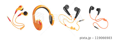 Earphones and Headphones as Wired and Wireless Audio Equipment for Music Listening Vector Set Earphones and Headphones as Wired and Wireless Audio Equipment for Music Listening Vector Set 119066983