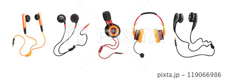 Earphones and Headphones as Wired and Wireless Audio Equipment for Music Listening Vector Set 119066986