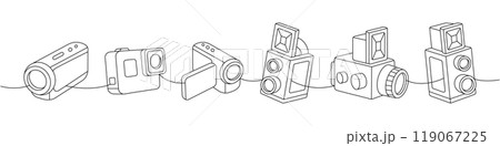 Photo camera set one line continuous drawing. Professional video and action camera, old photo camera. Vector linear illustration. 119067225
