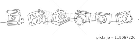 Photo camera set one line continuous drawing. Instant and polaroid camera, film photo camera with lens. Vector linear illustration. 119067226