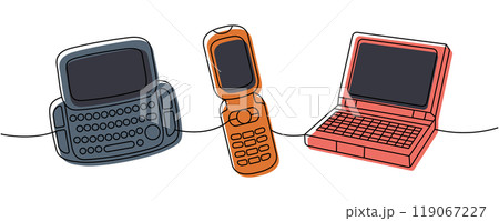 Retro flip phones one line colored continuous drawing. Mobile flip phone, smart phones with keypad. Vector linear illustration. 119067227
