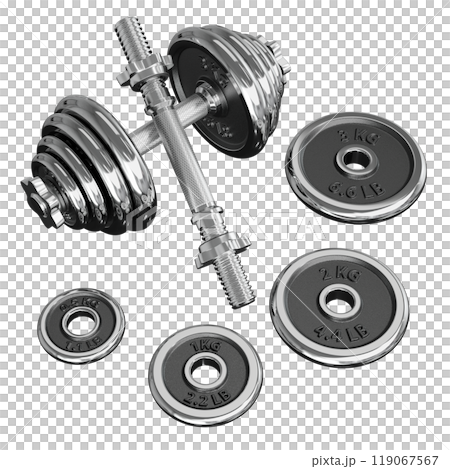 Chrome Adjustable Dumbbel and one taken apart. Rod handle, weight plates 119067567