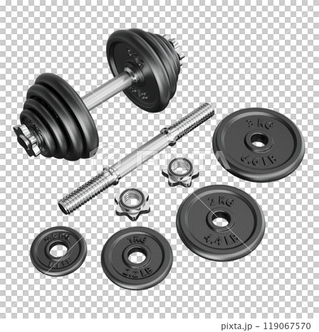 Black Adjustable Dumbbel and one taken apart. Rod handle, weight plates, locks 119067570