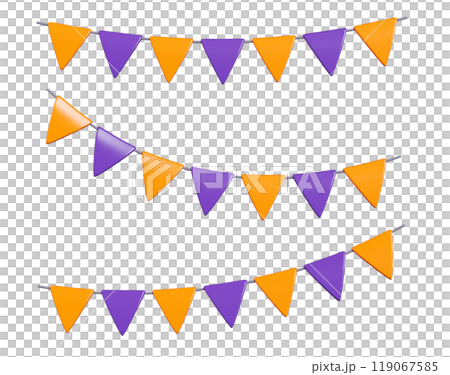 Halloween party bunting flags garland - 3d render illustration set of orange and purple triangle decorative paper flag on rope for autumn holiday border decoration. Long pennant chain string. 119067585