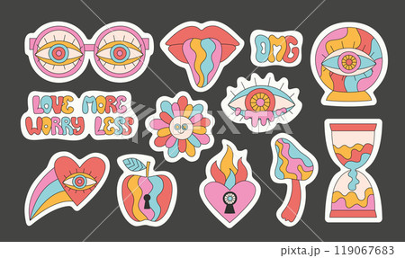 Retro groovy hippie abstract glasses, heart, eye, mouth, mushroom, ball stickers pack. Cartoon trippy vector set. Retro groovy hippie abstract glasses, heart, eye, mouth, mushroom, ball stickers pack. Cartoon trippy vector set. 119067683