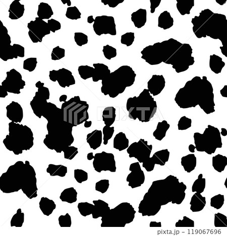 Seamless black and white cow spot print pattern. Animal skin texture. Template for wallpaper, pattern fills, web page background, surface textures. Vector Flat Cartoon Illustration for Fabric 119067696
