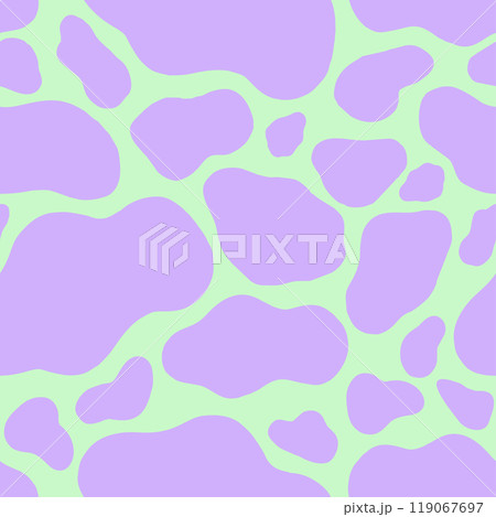 Spotted Seamless Pattern with Neon Violet Colored Abstract Shapes on Trendy Vibrant Green Background with Liquid Stains and Blots. Bright Minimal Aesthetic. Repeat vector illustration for Textile 119067697