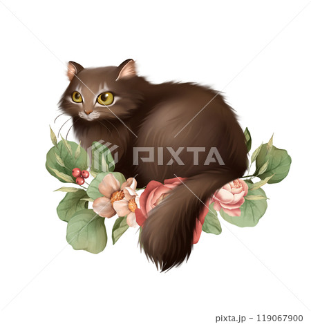 Kitten with flowers. Hand drawn illustration of cat. 119067900