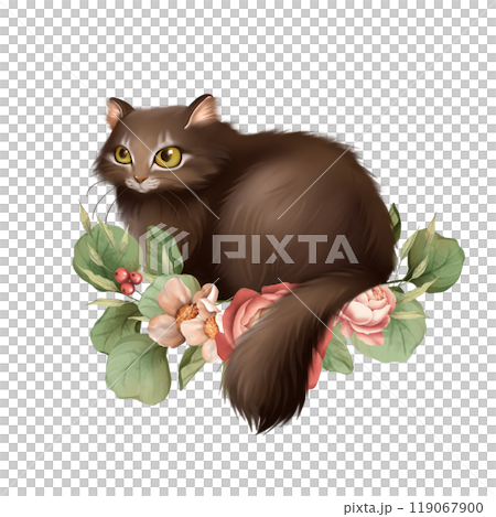 Kitten with flowers. Hand drawn illustration of cat. 119067900