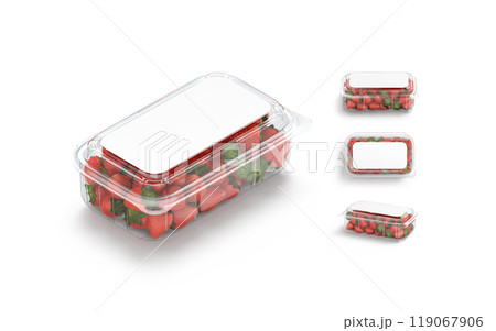 Blank transparent plastic box with strawberry mockup, different views 119067906