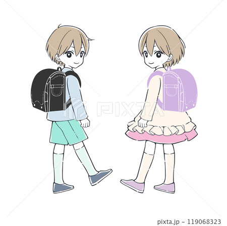 ランドセルを背負った小学生の男の子と女の子 119068323