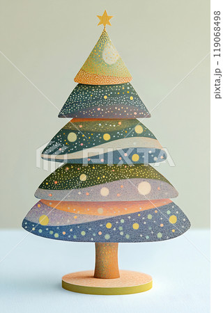 Colorful decorative Christmas tree made of wood displayed indoors with a light background 119068498