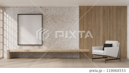 Armchair onEmpty room wabi sabi style. 3D illustration rendering Armchair onEmpty room wabi sabi style. 3D illustration rendering 119068553