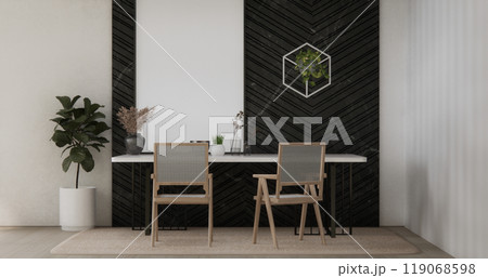 kitchen room dining table grey wall wood floor. 3d rendering kitchen room dining table grey wall wood floor. 3d rendering 119068598