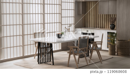 kitchen room dining table grey wall wood floor. 3d rendering 119068608