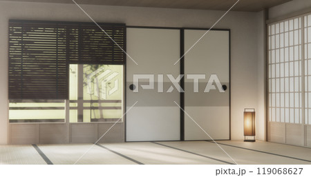 Interior, Empty room and tatami mat floor room japanese style. 3D rendering Interior, Empty room and tatami mat floor room japanese style. 3D rendering 119068627