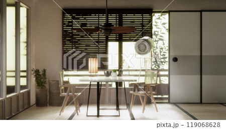 kitchen room dining table grey wall wood floor. 3d rendering 119068628
