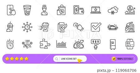 Medical help, Coffee delivery and Card line icons for web app. Pack of Snow weather, Rotation gesture, Wallet money pictogram icons. Phone touch, Car, Ice cream milkshake signs. Search bar. Vector Medical help, Coffee delivery and Card line icons for web app. Pack of Snow weather, Rotation gesture, Wallet money pictogram icons. Phone touch, Car, Ice cream milkshake signs. Search bar. Vector 119068706