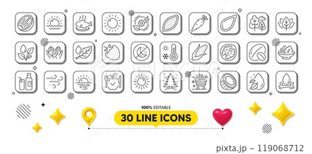 Coconut, Sunrise and Corn line icons pack. 3d design elements. Sunny weather, Soy nut, Sunset web icon. Pecan nut, Water splash, Salad pictogram. Tree, Sun, Fish dish. Vector 119068712