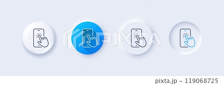 Phone touch line icon. Neumorphic, Blue gradient, 3d pin buttons. Smartphone app sign. Cellphone mobile device symbol. Line icons. Neumorphic buttons with outline signs. Vector 119068725