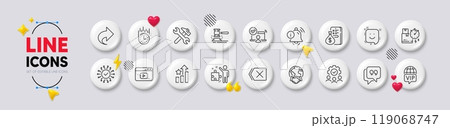 Fast delivery, Strategy and Teamwork line icons. White buttons 3d icons. Pack of Share, Repair, Information bell icon. Video content, Money, Smile pictogram. Vector Fast delivery, Strategy and Teamwork line icons. White buttons 3d icons. Pack of Share, Repair, Information bell icon. Video content, Money, Smile pictogram. Vector 119068747