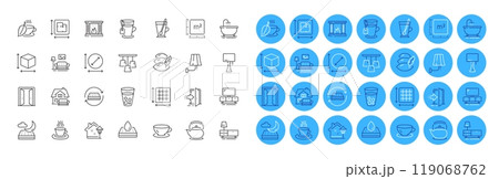 Tea cup, Furniture moving and Mattress line icons pack. Furniture, Dresser, Open door web icon. Teapot, Night mattress, Fireplace pictogram. Tea, Street light, Floor plan. Circle area. Vector Tea cup, Furniture moving and Mattress line icons pack. Furniture, Dresser, Open door web icon. Teapot, Night mattress, Fireplace pictogram. Tea, Street light, Floor plan. Circle area. Vector 119068762