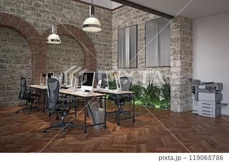 Industrial office with brick walls and modern decor 119068786