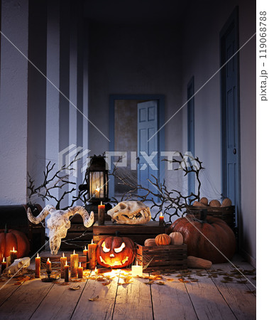 Spooky Halloween scene with skulls, pumpkins, 119068788