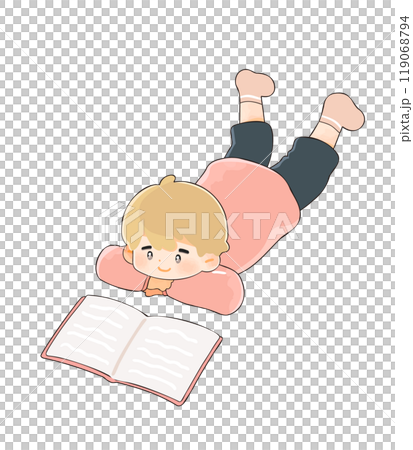 Boy lying down and reading a book 119068794
