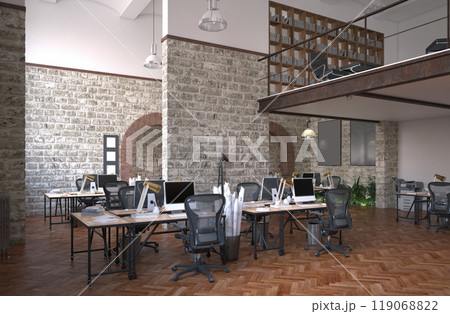 Industrial office with brick walls and modern decor 119068822