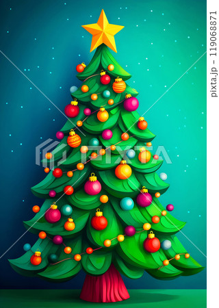 A vibrant Christmas tree adorned with colorful ornaments and a shining star, set against a cheerful blue background A vibrant Christmas tree adorned with colorful ornaments and a shining star, set against a cheerful blue background 119068871