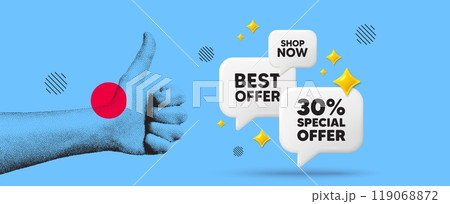 Hand showing thumb up like sign. 30 percent discount offer tag. Sale price promo sign. Special offer symbol. Discount chat 3d speech bubble. Grain dots hand. Like thumb up sign. Shop now. Vector Hand showing thumb up like sign. 30 percent discount offer tag. Sale price promo sign. Special offer symbol. Discount chat 3d speech bubble. Grain dots hand. Like thumb up sign. Shop now. Vector 119068872