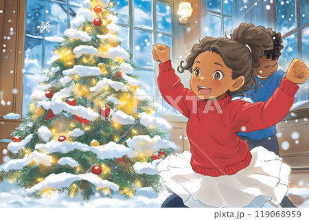 Children celebrating a snowy holiday season while decorating a Christmas tree indoors with warm lights and festive decorations 119068959