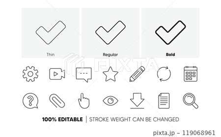 Search, Video camera and Check mark. Document, Calendar and Question mark line icons. Linear icon set. Line icons set. Vector Search, Video camera and Check mark. Document, Calendar and Question mark line icons. Linear icon set. Line icons set. Vector 119068961