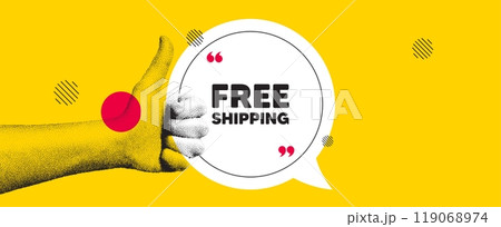 Hand showing thumb up like sign. Free shipping tag. Delivery included sign. Special offer symbol. Free shipping chat bubble message. Grain dots hand. Like thumb up sign. Vector Hand showing thumb up like sign. Free shipping tag. Delivery included sign. Special offer symbol. Free shipping chat bubble message. Grain dots hand. Like thumb up sign. Vector 119068974