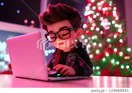 Child working on a laptop in front of a beautifully decorated Christmas tree during the holiday season Child working on a laptop in front of a beautifully decorated Christmas tree during the holiday season 119068983
