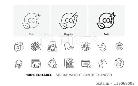 House dimension, Recovery tool and Timer line icons. Pack of Co2 gas, Covid virus, Analysis graph icon. Wallet, Calendar, Hydroelectricity pictogram. Electricity bulb, Breathing exercise. Vector 119069008