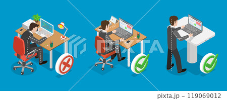 3D Isometric Flat Vector Illustration of How To Sit At Desk, Advice For Office Workers On Correct Sitting Posture 3D Isometric Flat Vector Illustration of How To Sit At Desk, Advice For Office Workers On Correct Sitting Posture 119069012