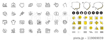 Set of Smile chat, Card and Seo gear line icons for web app. Design elements, Social media icons. Car charging, T-shirt, Brush icons. Wallet, Cooking water, Money tax signs. Vector Set of Smile chat, Card and Seo gear line icons for web app. Design elements, Social media icons. Car charging, T-shirt, Brush icons. Wallet, Cooking water, Money tax signs. Vector 119069039