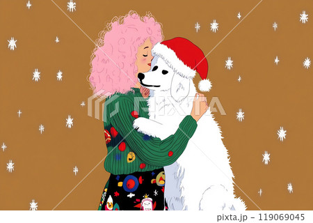 A woman with pink curly hair lovingly embraces a fluffy white dog wearing a Santa hat against a festive snowy background A woman with pink curly hair lovingly embraces a fluffy white dog wearing a Santa hat against a festive snowy background 119069045