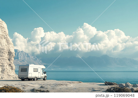 A camper van parked near a serene coastal landscape under a bright sky with fluffy clouds and distant mountains 119069048